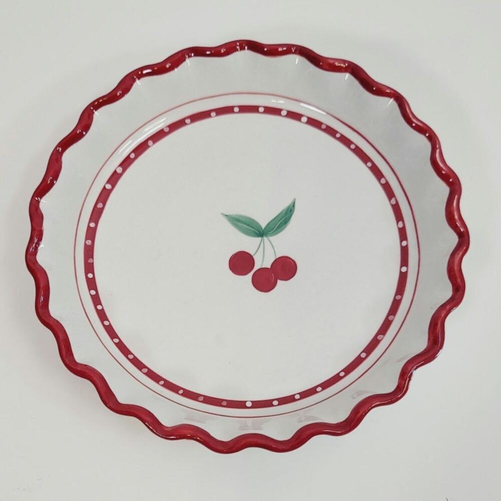 Crate & Barrel Cherry Pie Dish Exclusive Design by Mesa Ruffled 10" Red White